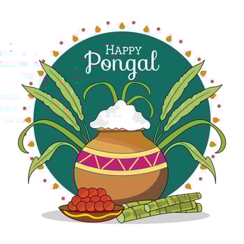 Happy Pongal Poster Design with Traditional Clay Pot of Rice Dish, Leaves, Bamboo and Sweet Laddu on Green and White Background. vector