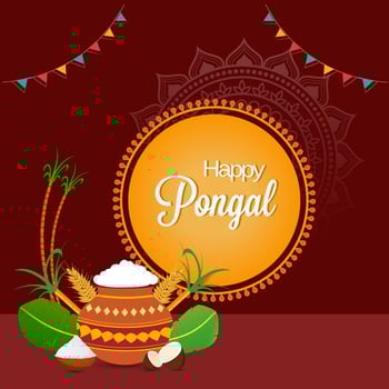 Happy Pongal Celebration Poster with Festival Elements on Red Background. vector