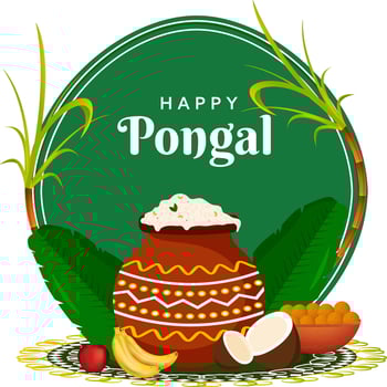 Happy Pongal Celebration Poster Design with Festival Elements on Green and White Background. vector