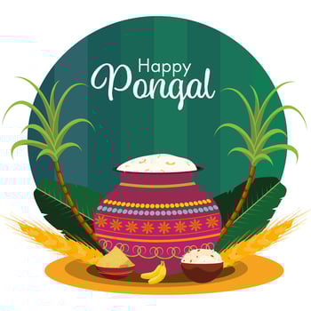 Happy Pongal Celebration Poster with Traditional Mud Pot of Rice, Banana and Sugarcane on Abstract Background. vector