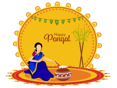 Happy Pongal Celebration Poster with Faceless South Indian Woman Stirring Rice in Mud Pot Illustration. vector