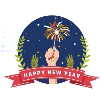 Happy New Year Greeting Card with Hand Holding Sparkling Stick on Blue and White Background. vector