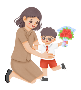 A woman is giving a boy a bouquet of flowers png
