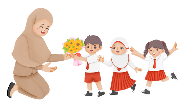 A woman giving flowers to children png