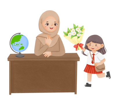 A woman and a girl are standing at a desk with flowers png