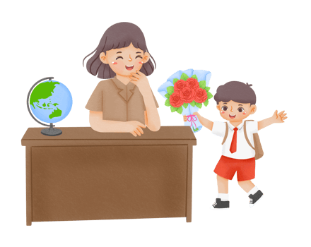 A woman and a boy are standing in front of a desk with a globe png