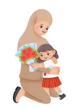 A woman is hugging a little girl with a bouquet of flowers png