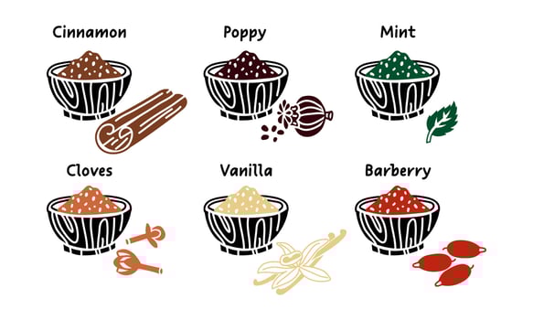 set of spices in form of black silhouettes with bright color in crushed form on a wooden plate next to dish. variety barberry, poppy seeds, vanilla, cinnamon, cloves, mint different taste preferences. vector