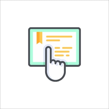 A hand pointing at a tablet with a book icon vector