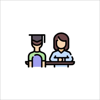 A woman and man sitting at a table with a graduation cap on vector