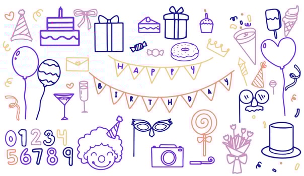 cute outline line art elements of birthday. hand drawn artline of party. eps 10 vector
