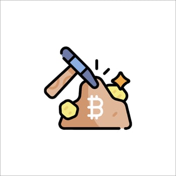 Bitcoin mining icon with hammer and shovel vector
