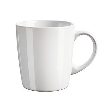Plain white ceramic coffee mug with smooth finish and a curved handle png
