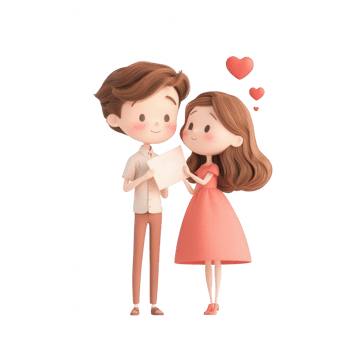 Cute couple sharing their love story with smiles and hearts, expressing joy together. png