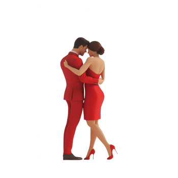 A couple in red outfits sharing a romantic moment together, embracing passionately. png