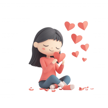 Cute cartoon girl enjoying love and happiness with floating hearts around her. png