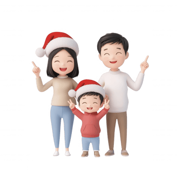 Happy family celebrating Christmas with festive hats and joyful expressions. png