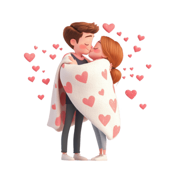 A loving couple sharing a sweet moment under a heart-covered blanket. png