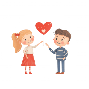 Cute illustration of kids sharing a heart-shaped balloon, symbolizing friendship. png