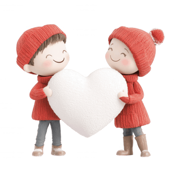 Cute children holding a heart symbolizing love and friendship in winter attire. png