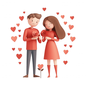 A cheerful couple holding roses surrounded by hearts, symbolizing love and romance. png
