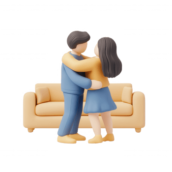 A couple embraces joyfully in a cozy indoor setting on a comfortable sofa. png