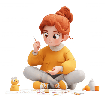 A girl enjoying arts and crafts, painting a duck, with vibrant colors all around her. png