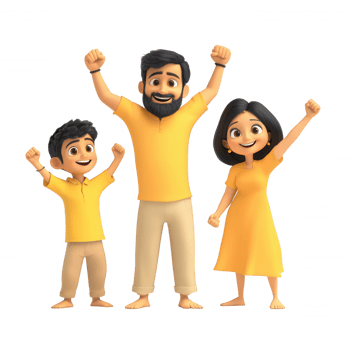 A happy family celebrating together with joyful expressions and raised hands. png