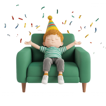 A joyful child celebrating with confetti while sitting on a cozy green sofa. png
