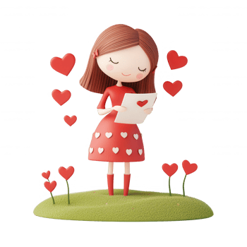 A joyful girl reading a love letter surrounded by heart symbols. png