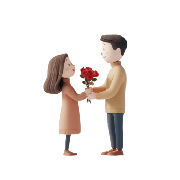 A loving couple sharing a moment with a bouquet of roses in a warm embrace. png