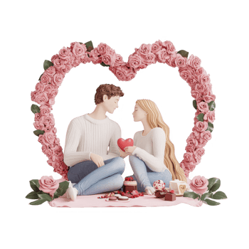 A romantic couple sharing a heart-shaped moment surrounded by beautiful roses. png