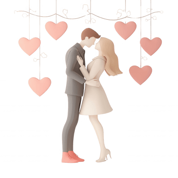A romantic couple sharing a kiss under hanging hearts, symbolizing love and affection. png
