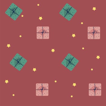 pattern seamless with gifts and golden stars on a red background for textile,,packing vector