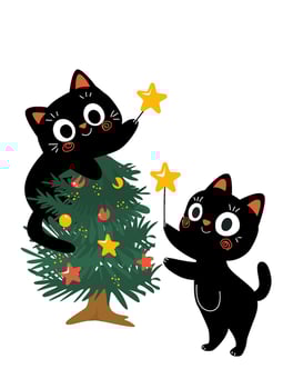 Cute Black cats with christmas tree ,flat vector