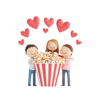 Cheerful friends enjoying popcorn with love hearts surrounding them. png