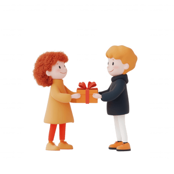 Children exchanging gifts, symbolizing joy and friendship in a playful setting. png