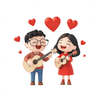 Happy couple playing guitars together with heart symbols around them. png