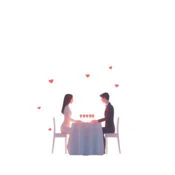 Romantic dinner setting for two, surrounded by hearts, perfect for love and connection. png