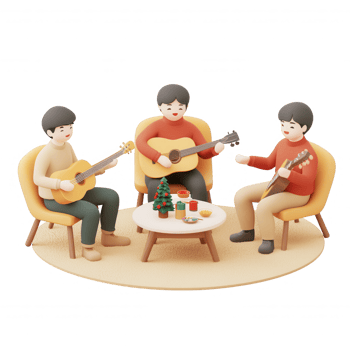 Three friends enjoying a cozy music session with guitars and snacks at home. png