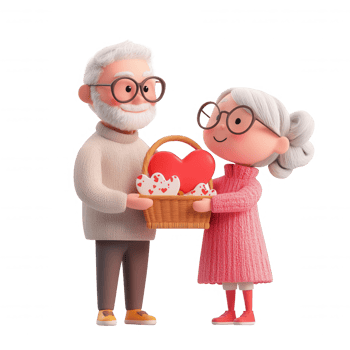 An elderly couple joyfully exchanging a heartfelt gift in a charming illustration. png