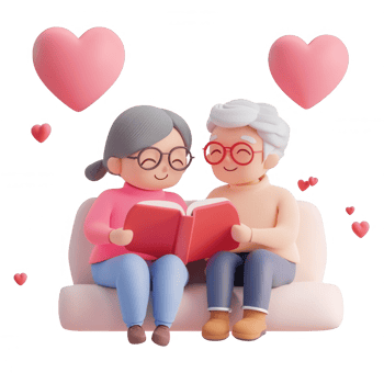 Elderly couple reading together on a couch, surrounded by love and joy. png