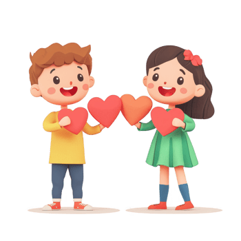 Two cheerful children holding heart shapes, symbolizing friendship and love. png