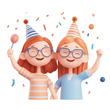 Two cheerful girls celebrating with party hats and confetti, sharing joyful moments. png