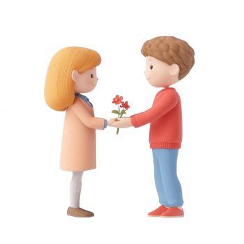 Two children exchanging flowers, symbolizing friendship and affection. png