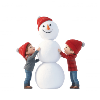 Two children joyfully building a snowman in winter attire with bright smiles. png