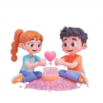 Two children joyfully crafting a heart from colorful materials in a creative setting. png