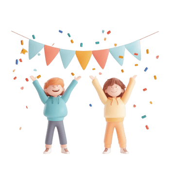 Two joyful children celebrate with colorful flags and confetti. png