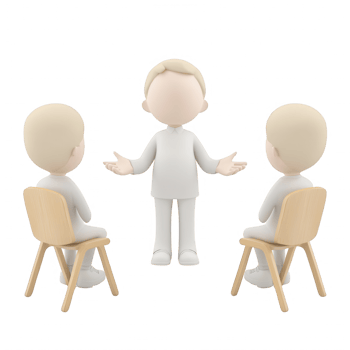 A 3D cartoon character leading a discussion with two listeners in a meeting. png