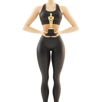 A confident woman proudly holds a golden trophy, symbolizing achievement and success. png